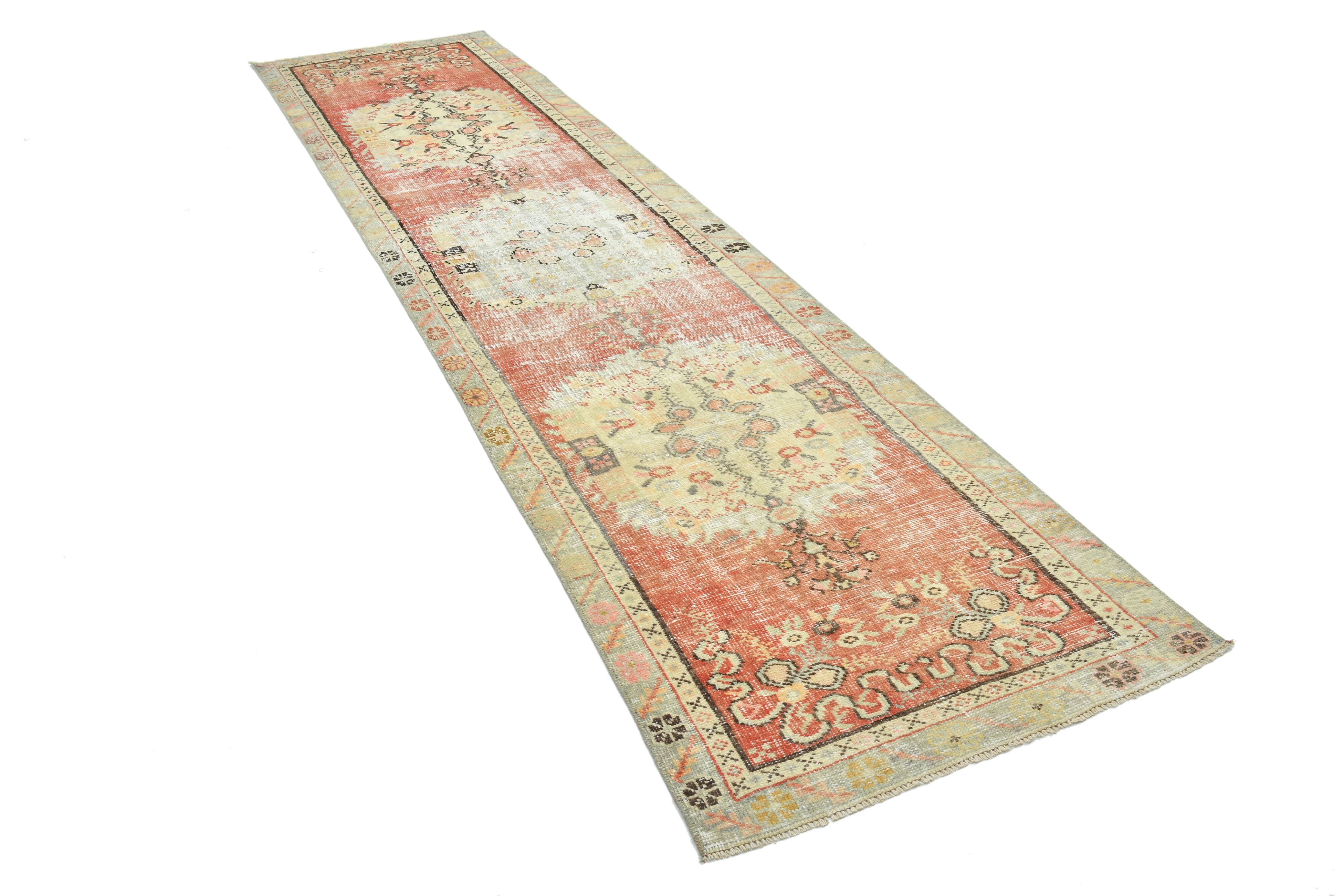 Tapis Couloir Vintage Patiné – Tons Corail, Crème & Vert Sauge, 85x352 Cm