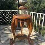 Small carved solid walnut side table with marble top