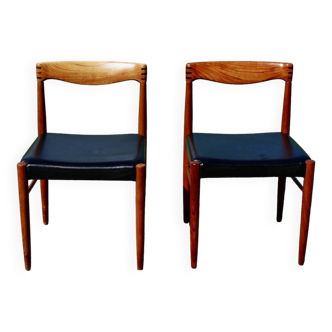 Pair of vintage teak and black leather chairs for hw klein for bramin denmark 1960s