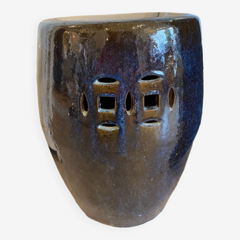 Pouf en ceramique vernissée style chinois tons bleus interieur ou extérieur