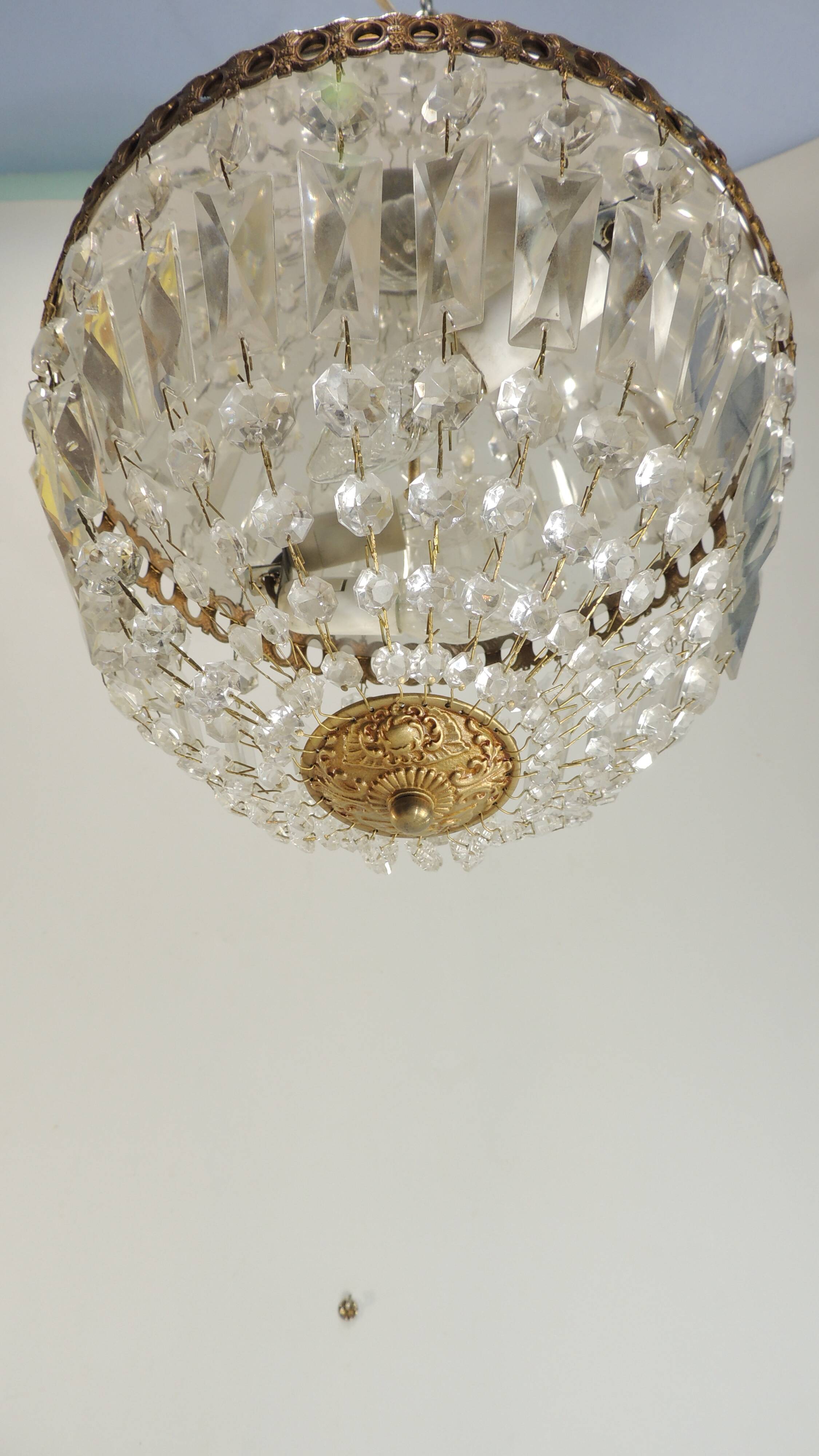 Antique crystal ceiling chandelier, Empire style, patinated gilt metal – pendant light