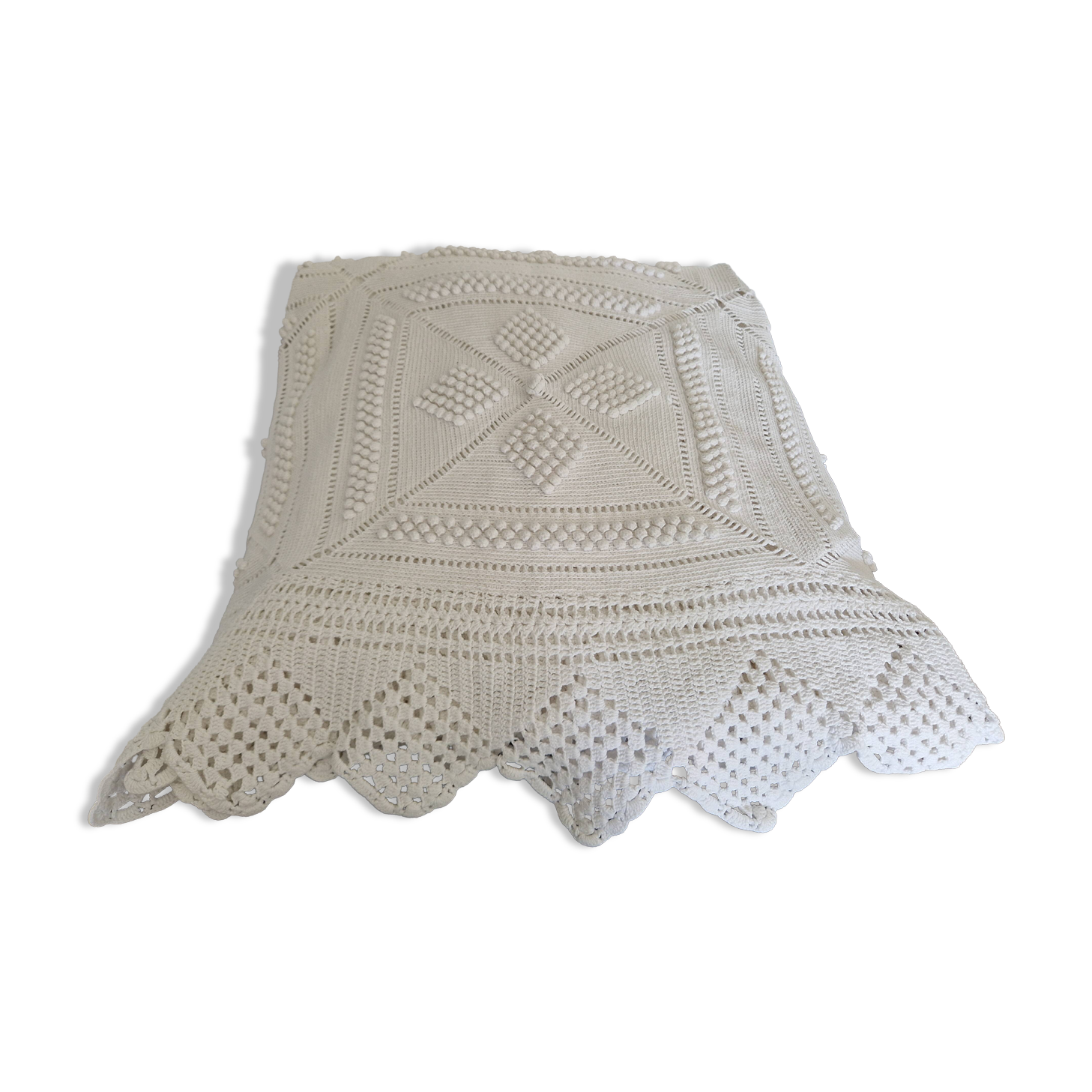 Antique handmade white cotton crochet bedspread