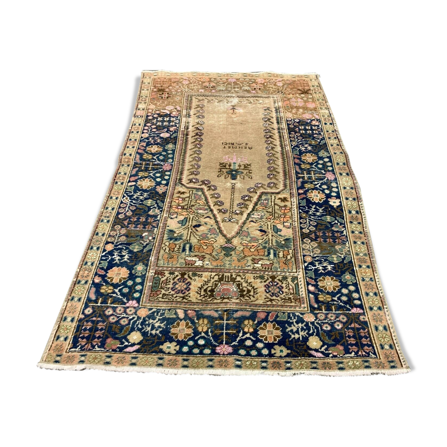 Distressed Turkish Rug 122x79 cm Vintage Shabby, Wool Tribal Blue, Beige Small