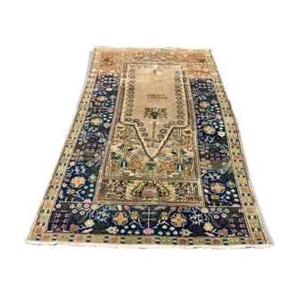 Distressed Turkish Rug 122x79 cm Vintage Shabby, Wool Tribal Blue, Beige Small