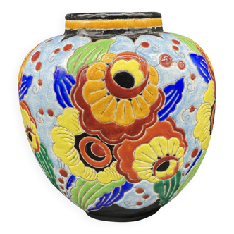 Ovoid vase, charles catteau, keramis, art deco period, fine earthenware, floral enamel decoration, vase col