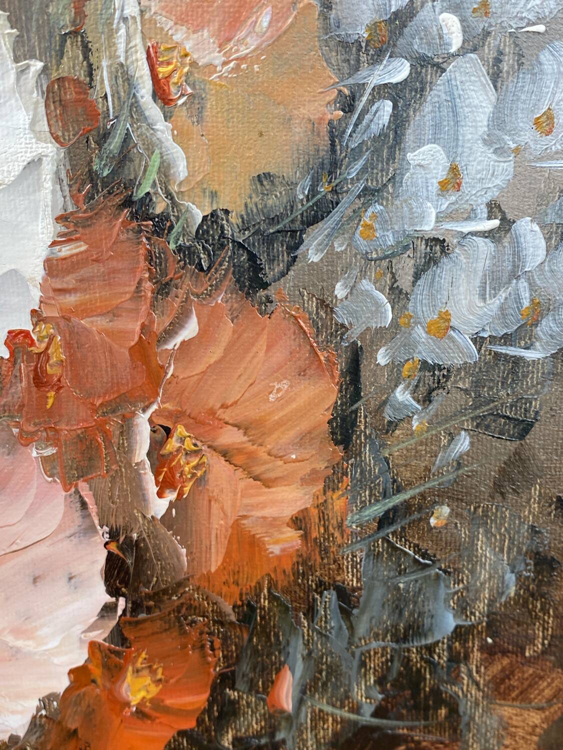 Huile sur toile, décor floral, encadrement en bois doré