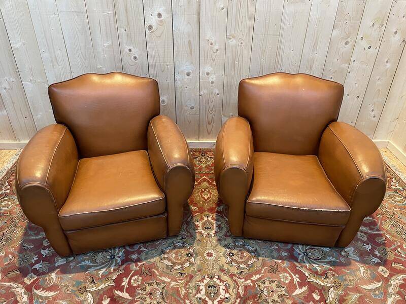 Pair of art deco leather club armchairs