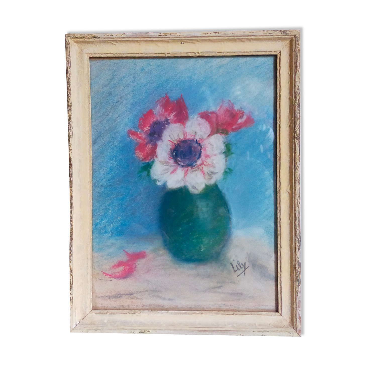 Pastel encadré "Les anémones" vintage