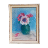 Pastel encadré "Les anémones" vintage