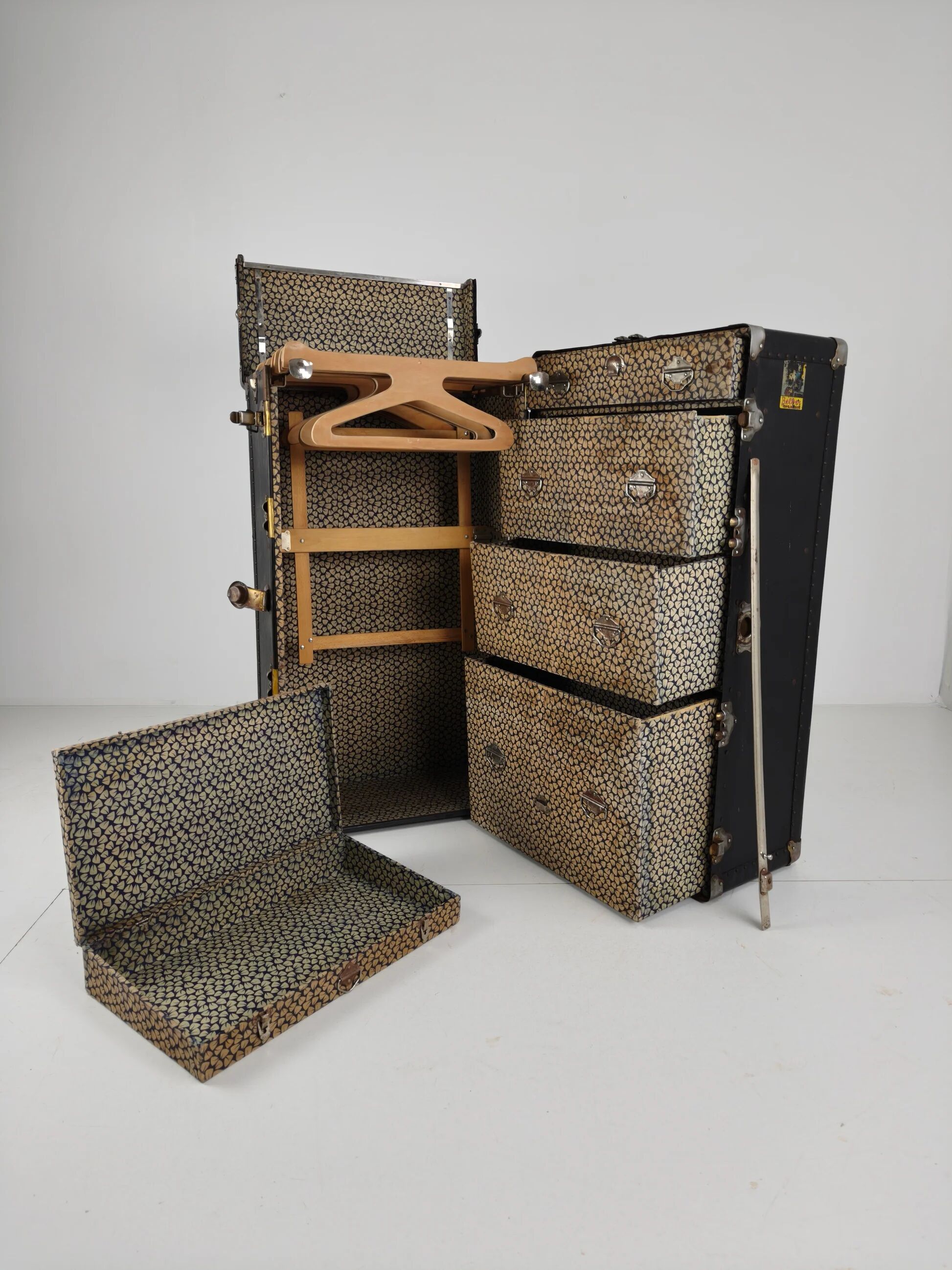 Antique 1924 Belber black leather steamer trunk - large travel wardrobe