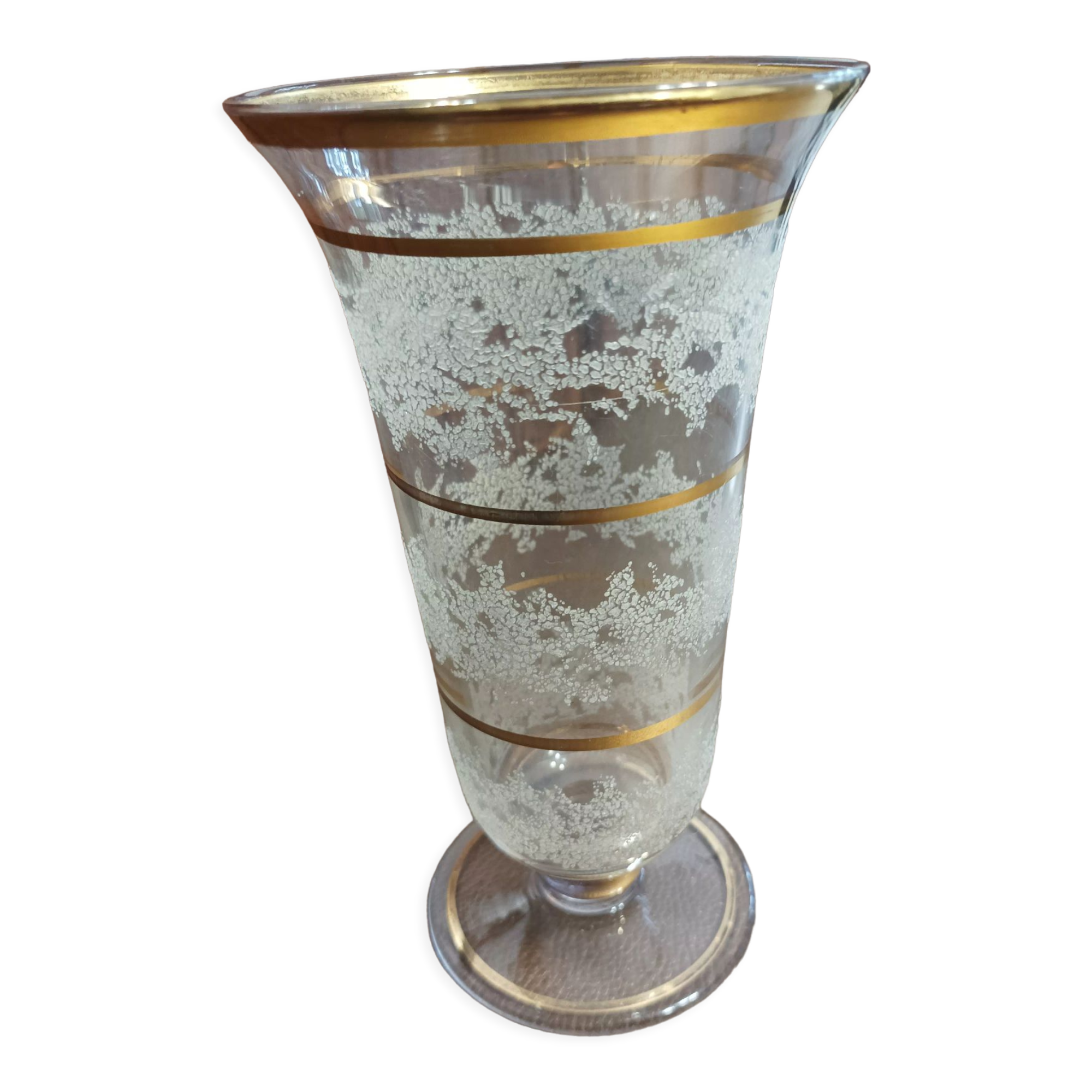 Vase Art Déco en Verre granité blanc et doré