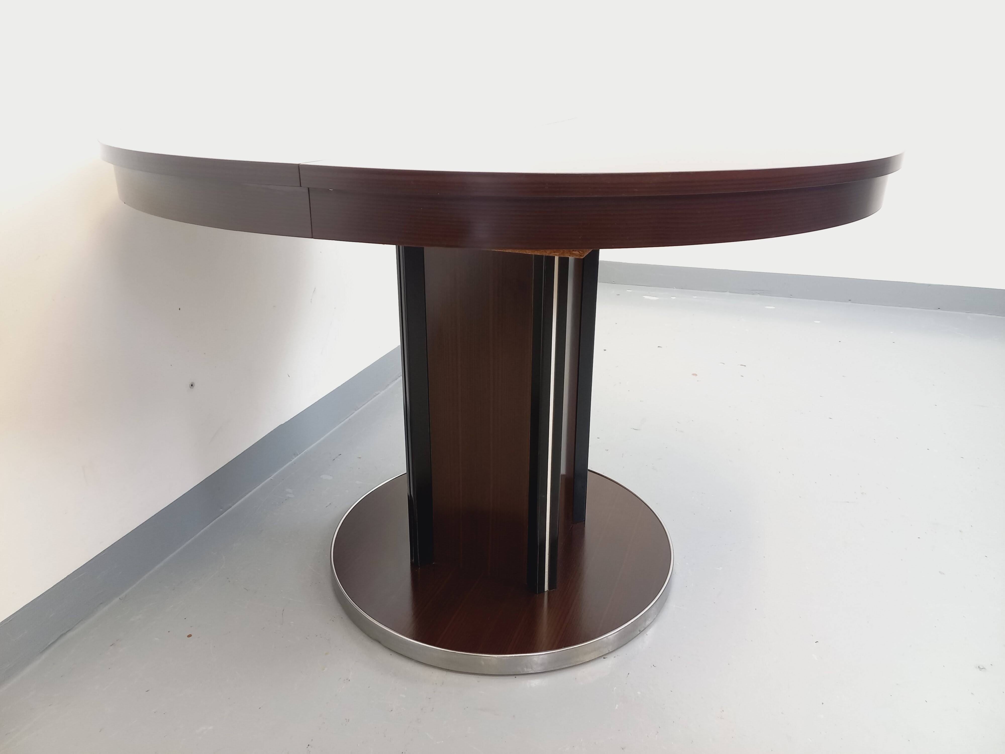 Table ronde de repas vintage en bois d’ébène et métal chromé Space Age