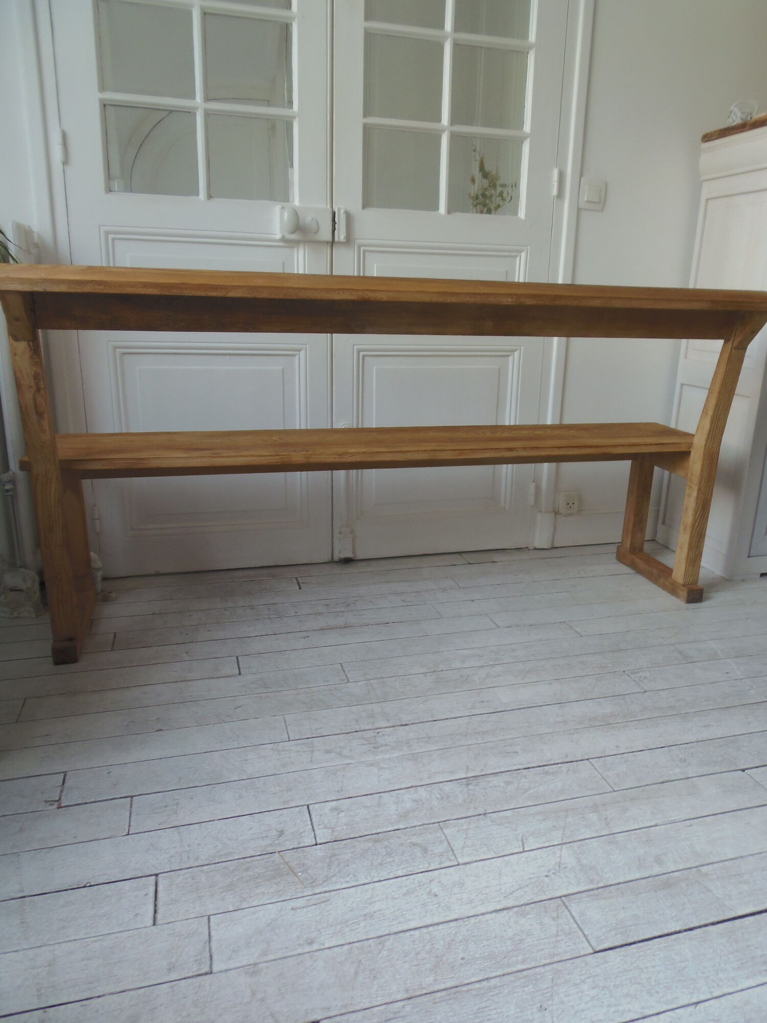 Church pew, pitchpin bed with a light oak waxed finish.