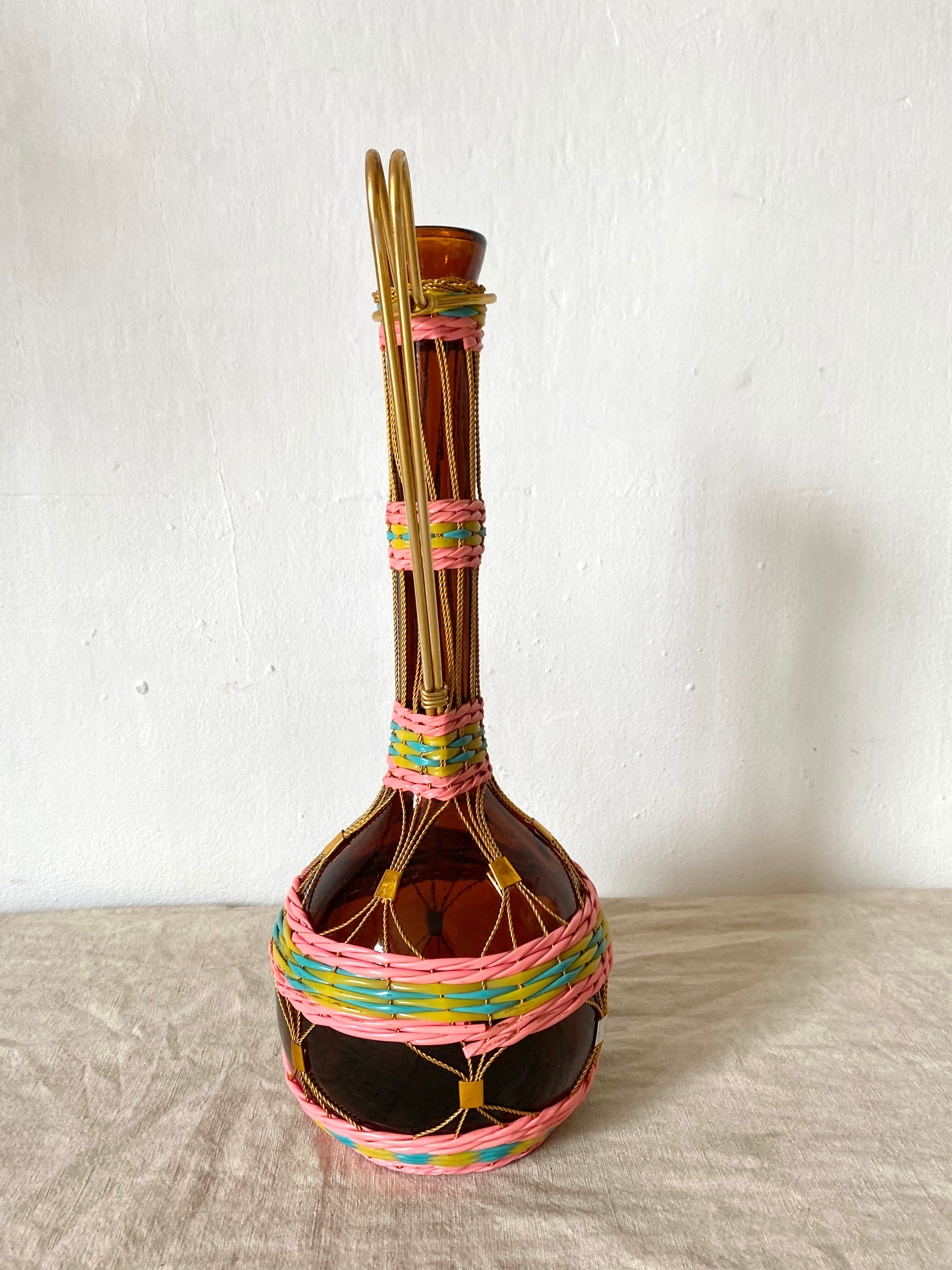 Vintage amber glass bottle scoubidou