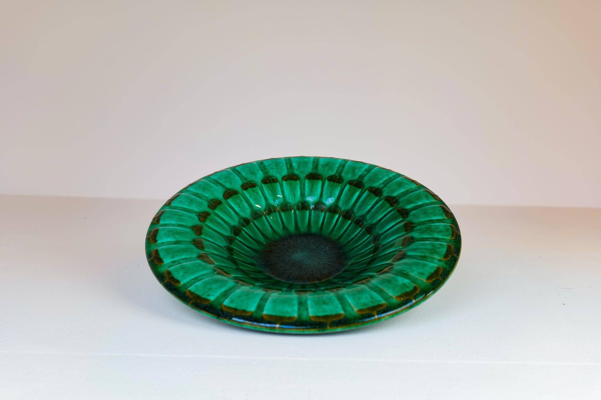 Large Green Midcentury Ceramic Vases and Upsala Ekeby "Capri" Bowl/Tray from the 1950s
