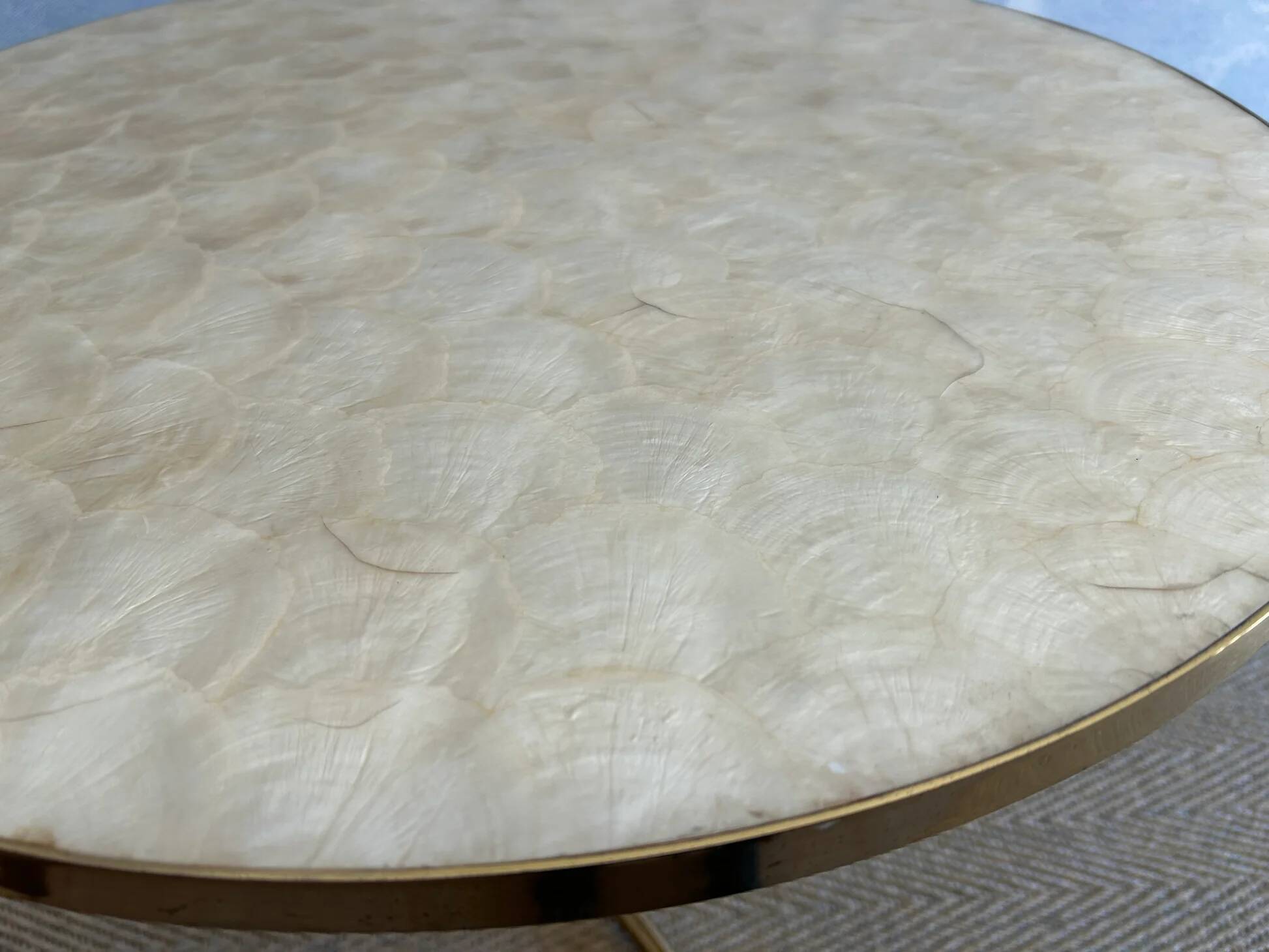 Capiz shell side table with a brass base by Vereinigte Werkstätten Munich, Germany, 1960s.