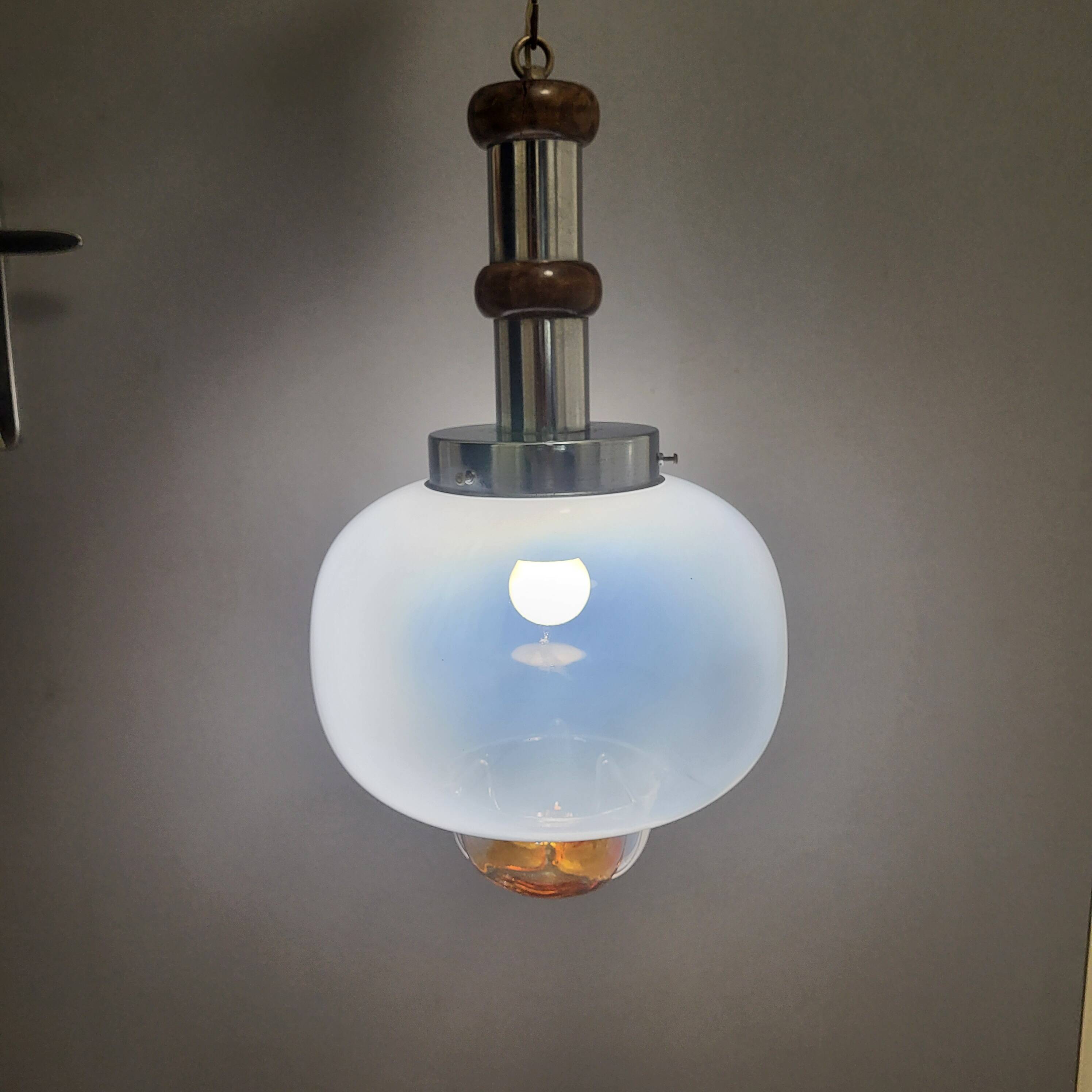 Mazzega glass and chrome mushroom pendant light, Murano, 1960-70, space age