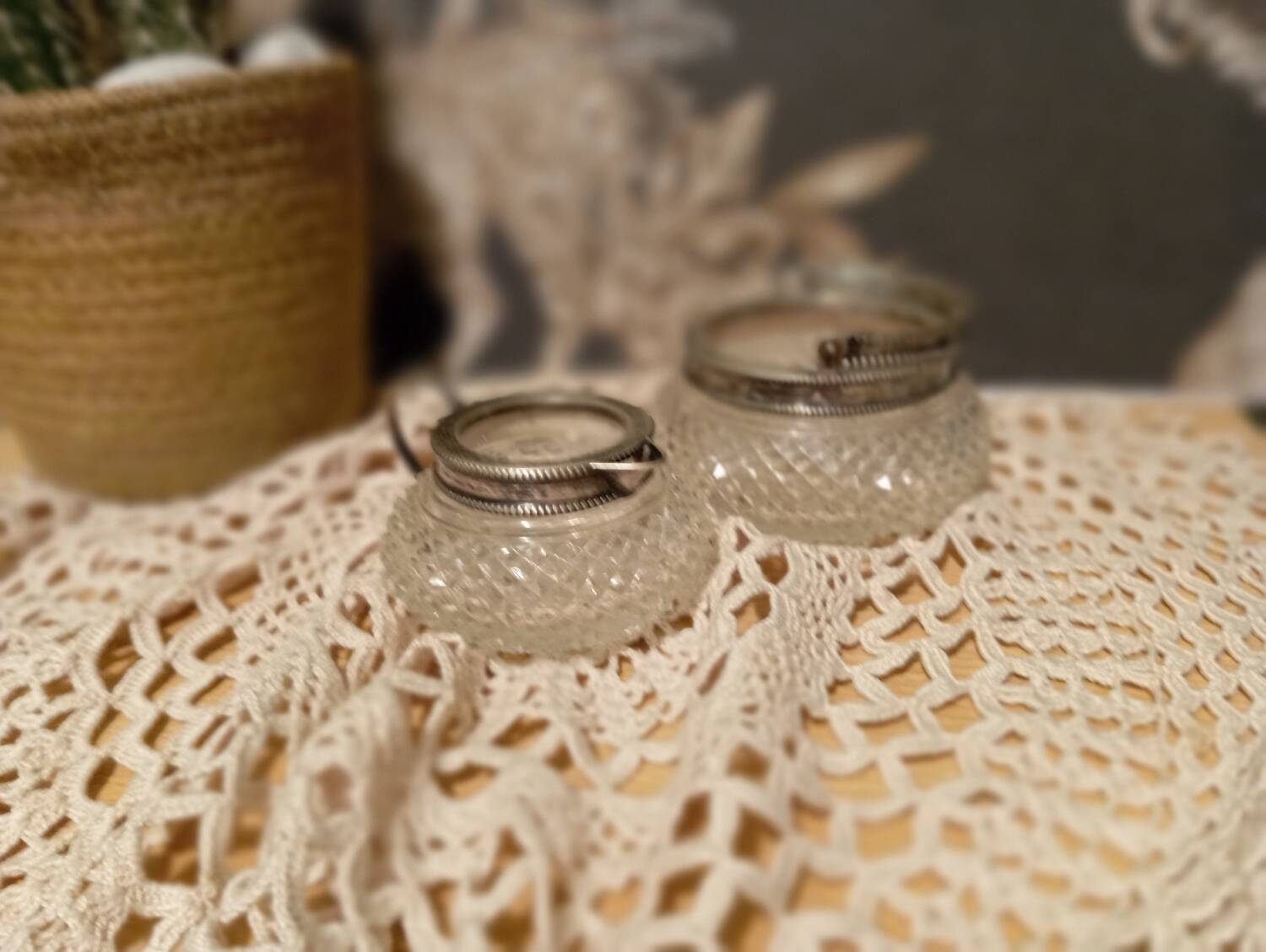 Creamer and jam maker in diamond-point crystal and silver rim, circa 1930