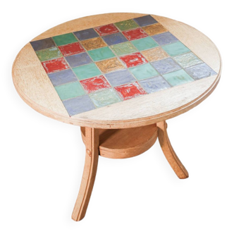 Vintage Wood Coffee Table with Ceramic Mosaic Tile Inlay