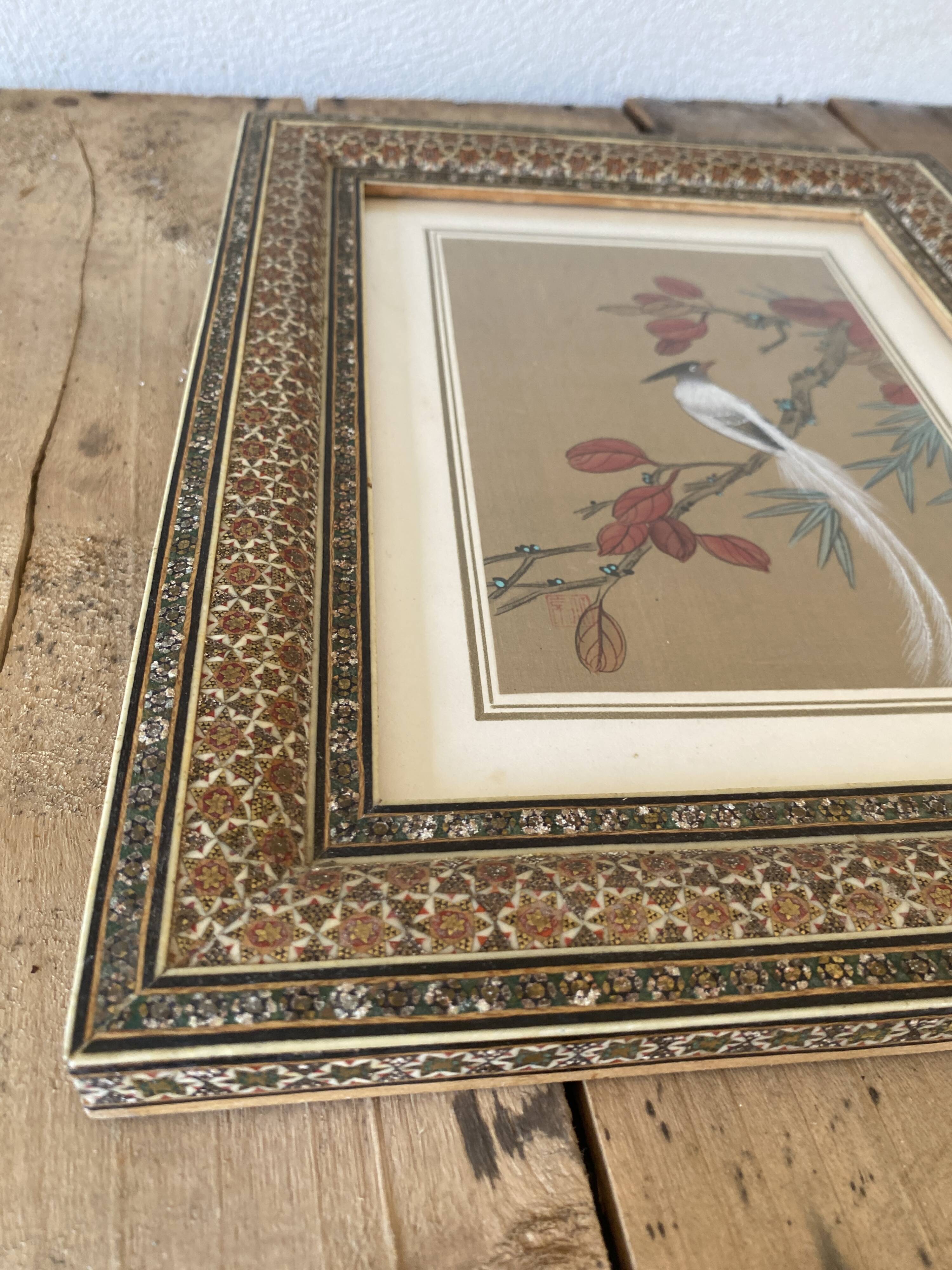 Ornithological painting, marquetry frame