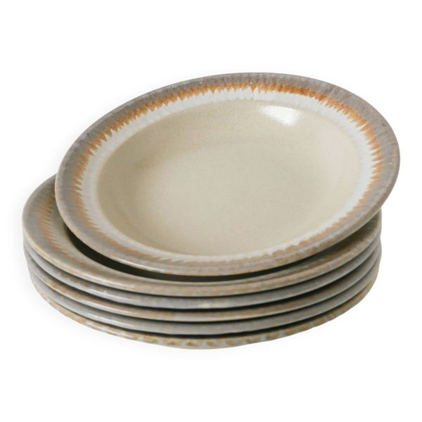 Lot de 6 assiettes creuses en grès, Beige et Ocre, 1970