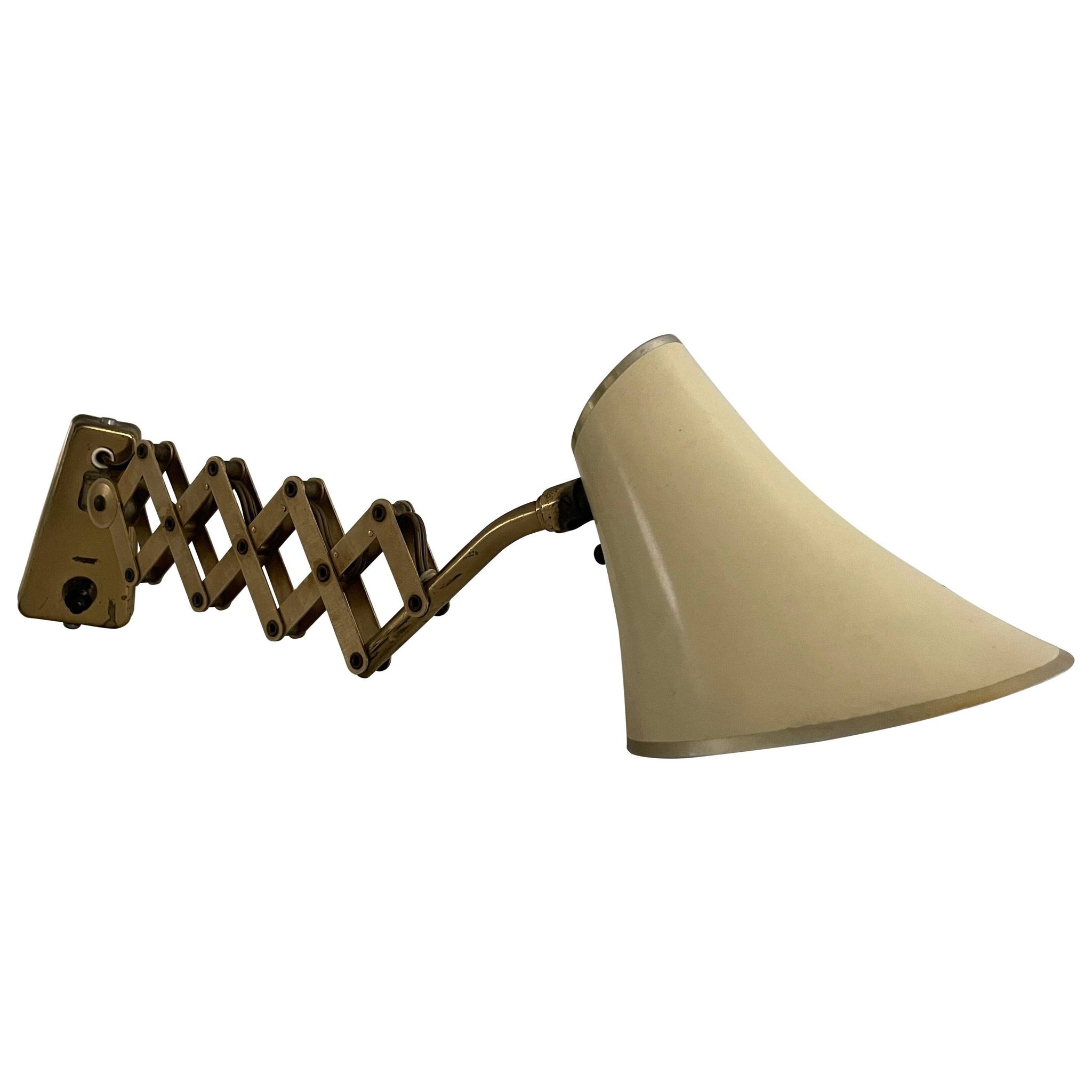 Cream metal and brass wall lamp with scissors design by Karl Lang for SIS Licht, 1950s, Germany.