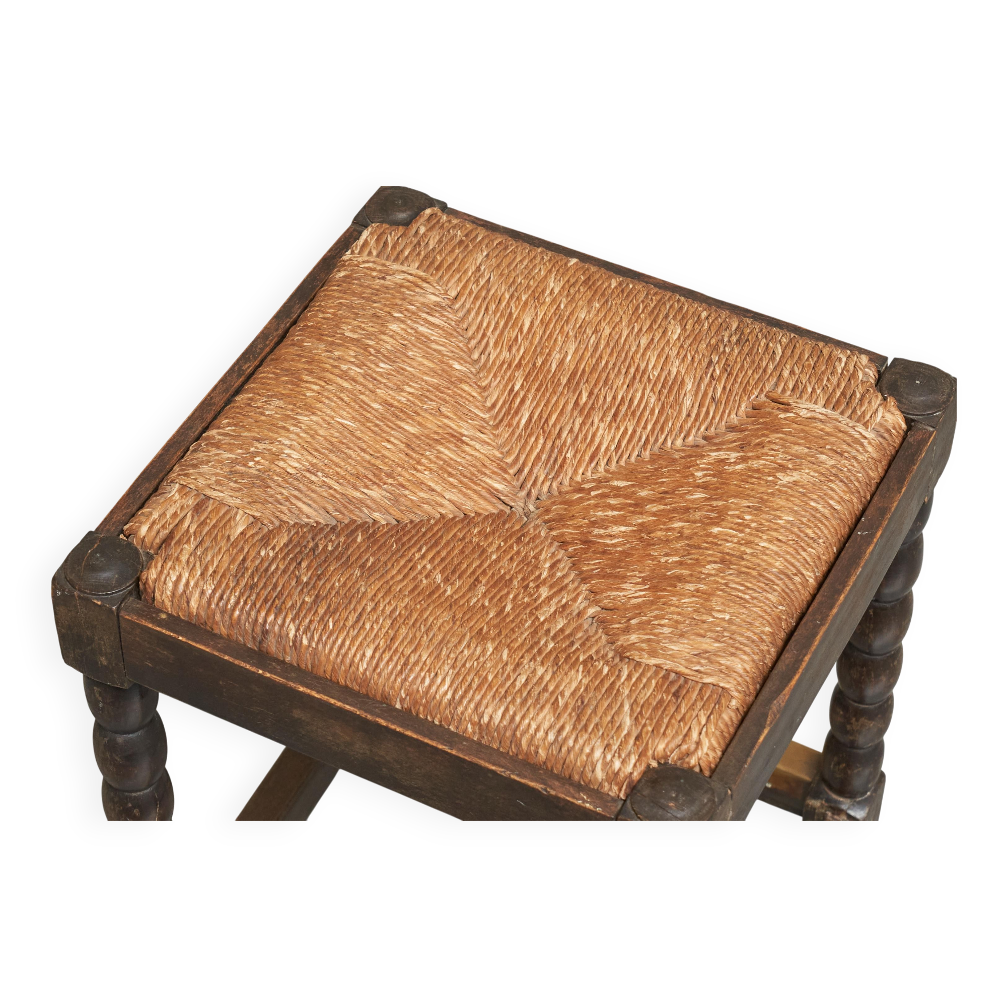 Solid oak stool, straw and brass from the 1920s.