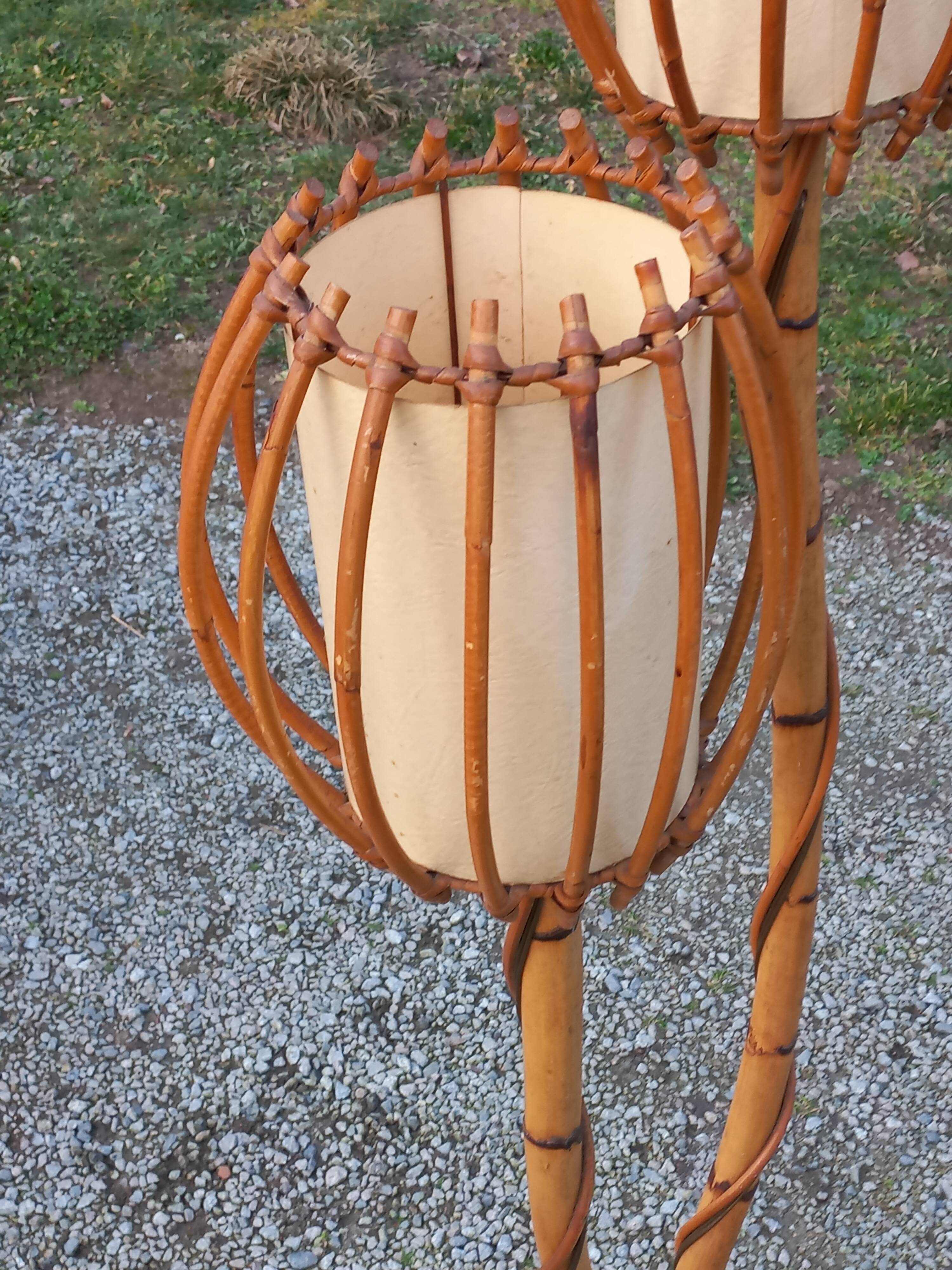 Bamboo and rattan floor lamp 2 lights from the 70s