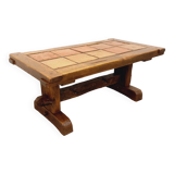 Vintage Brutalist Rustic Rectangular Coffee Table in Solid Oak and Ceramic from the 60s 70s