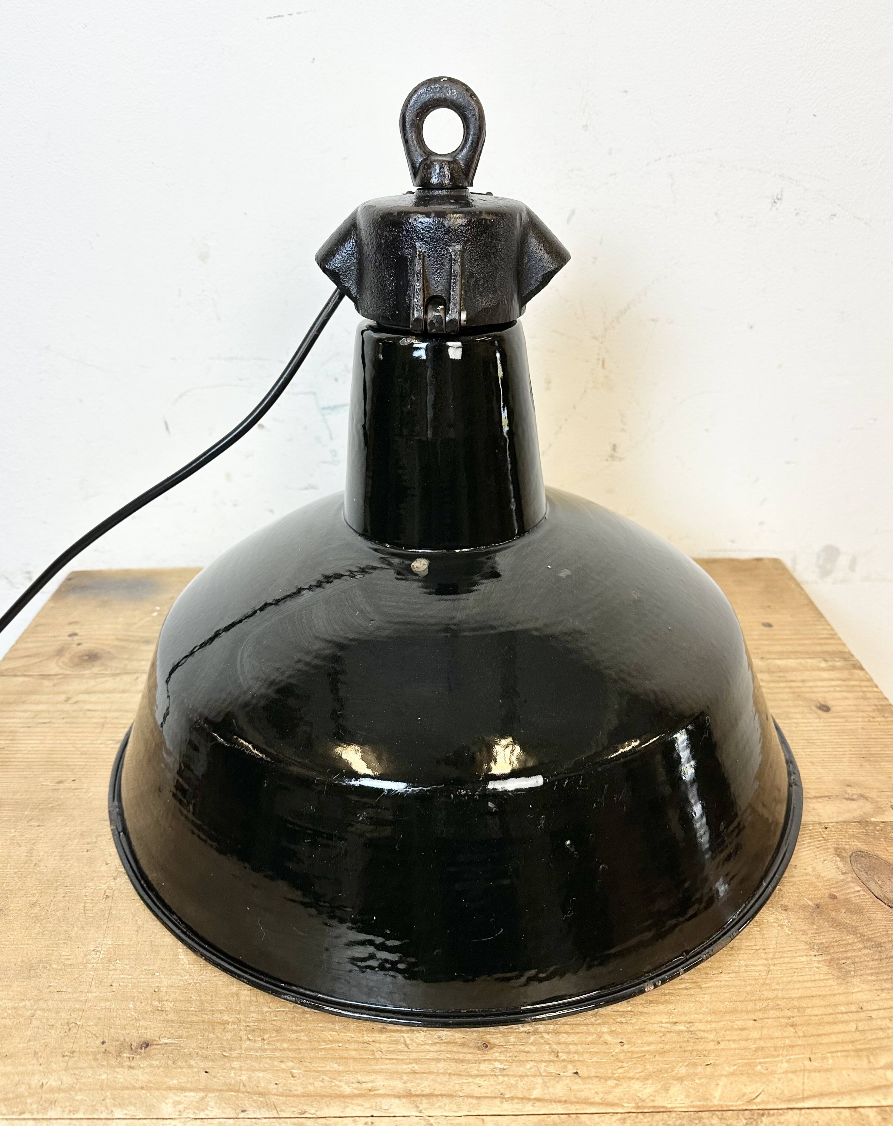 Industrial Black Enamel Factory Lamp with Cast Iron Top, 1950s