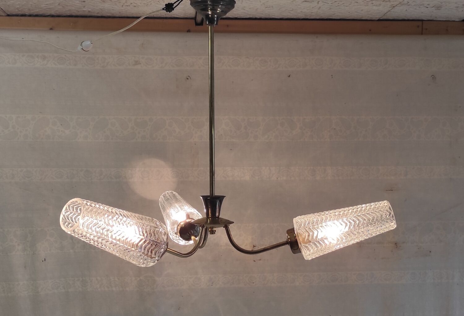 Brass chandelier with three lights and glass tulips - 1950s/60s