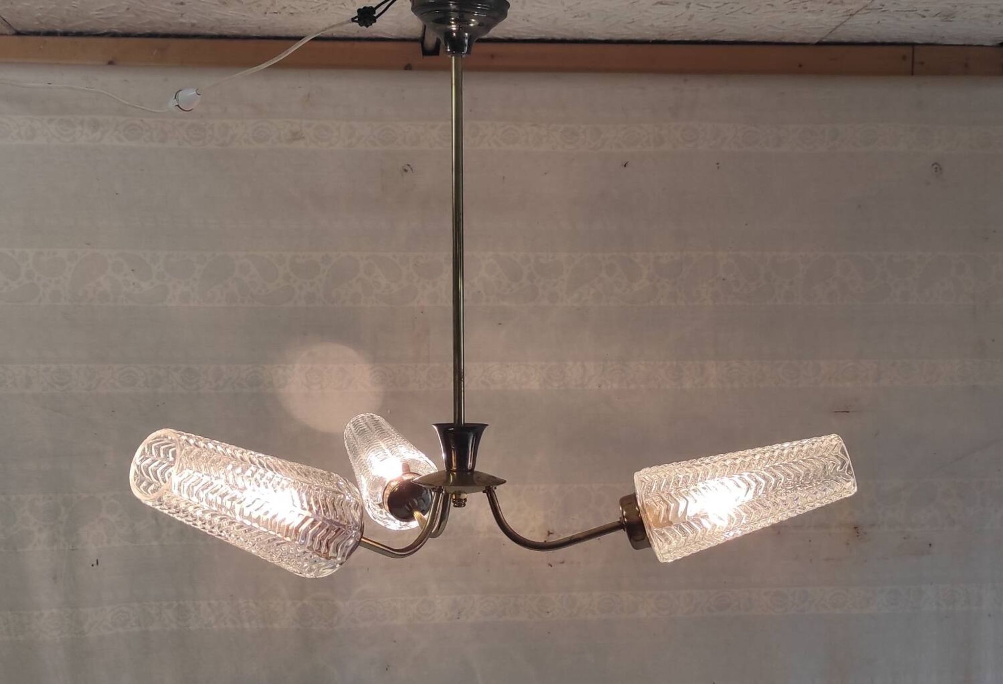 Brass three-light chandelier with glass tulips - 1950s/60s