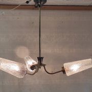 Brass three-light chandelier with glass tulips - 1950s/60s