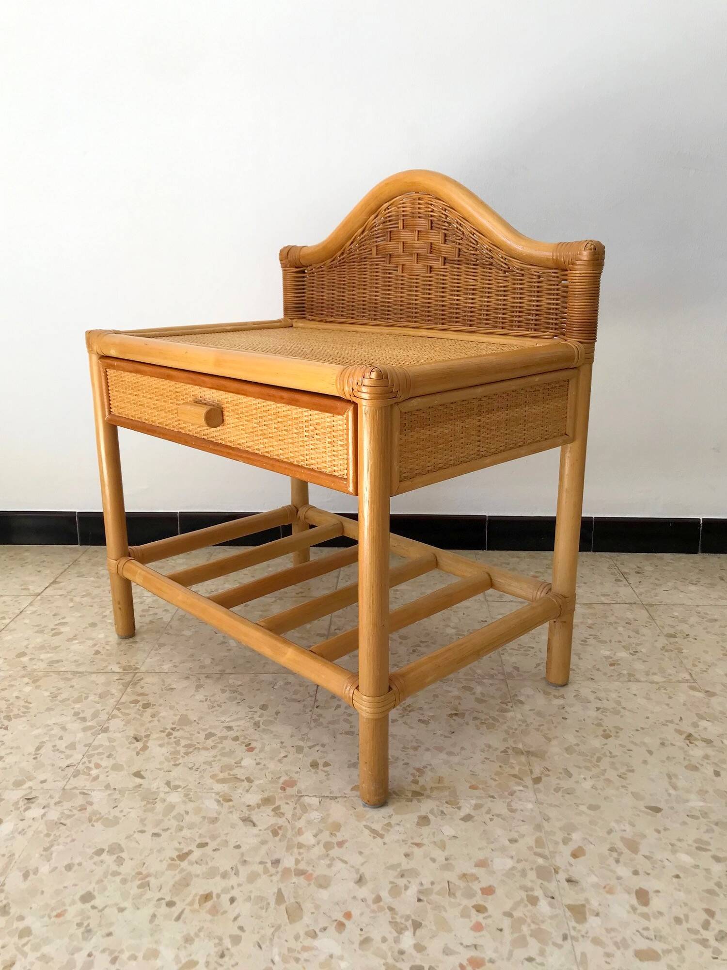 Vintage 80s rattan bedside table