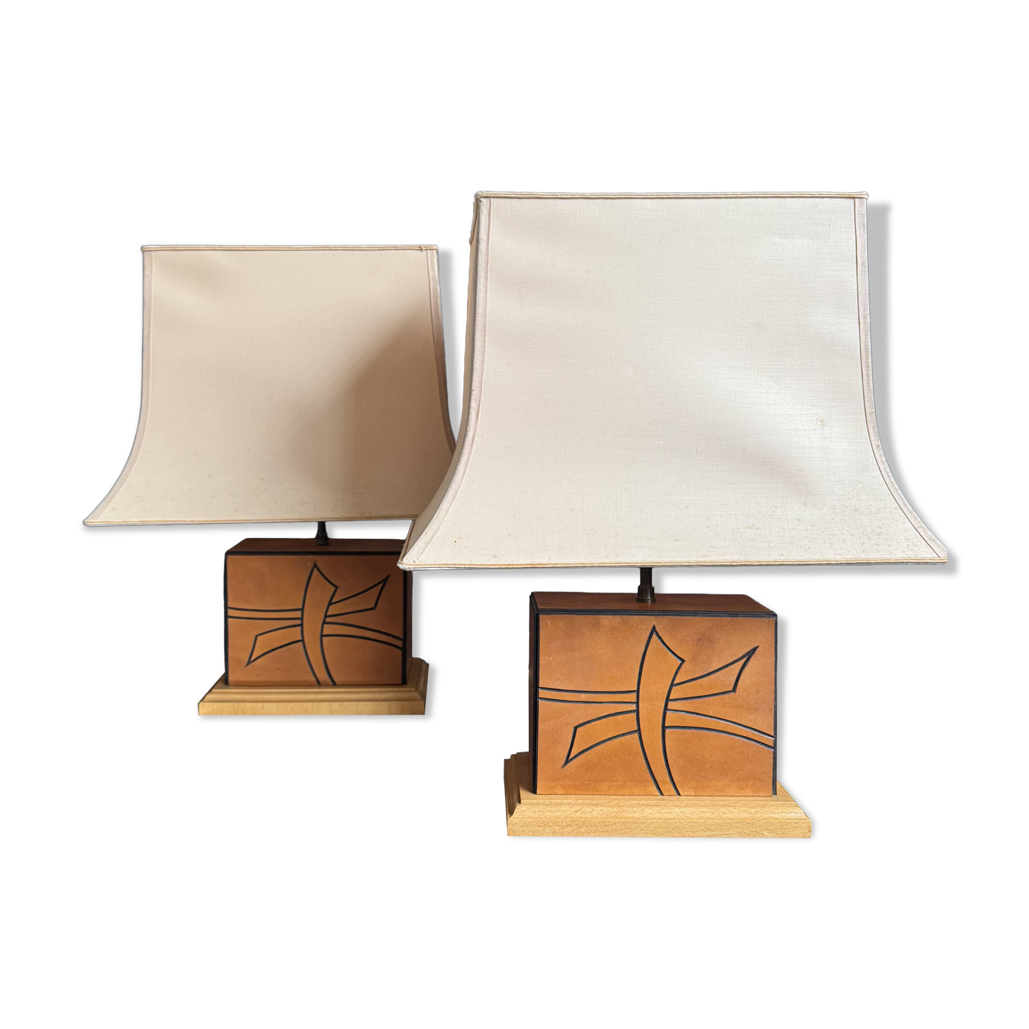 70s leather and wood pagoda lamps