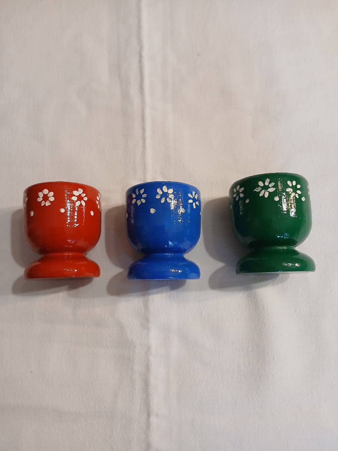 3 old wooden egg cups