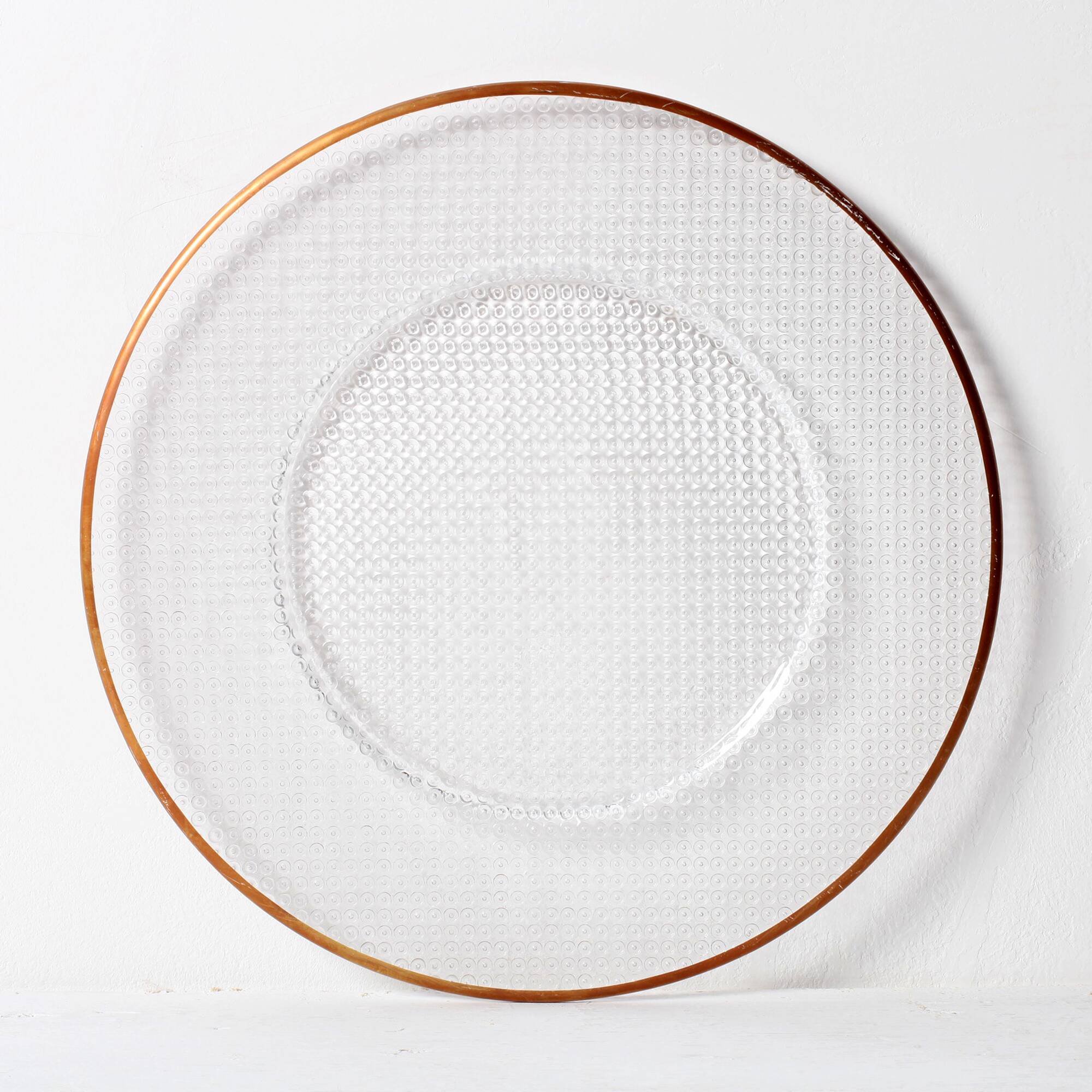 Large Vintage Glass Plate, Patterned Crystal Platter with Bronze Rim. Italy