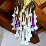 Venini waterfall ceiling lamp, murano crystals, two-tone purple and white, Italy, 1960