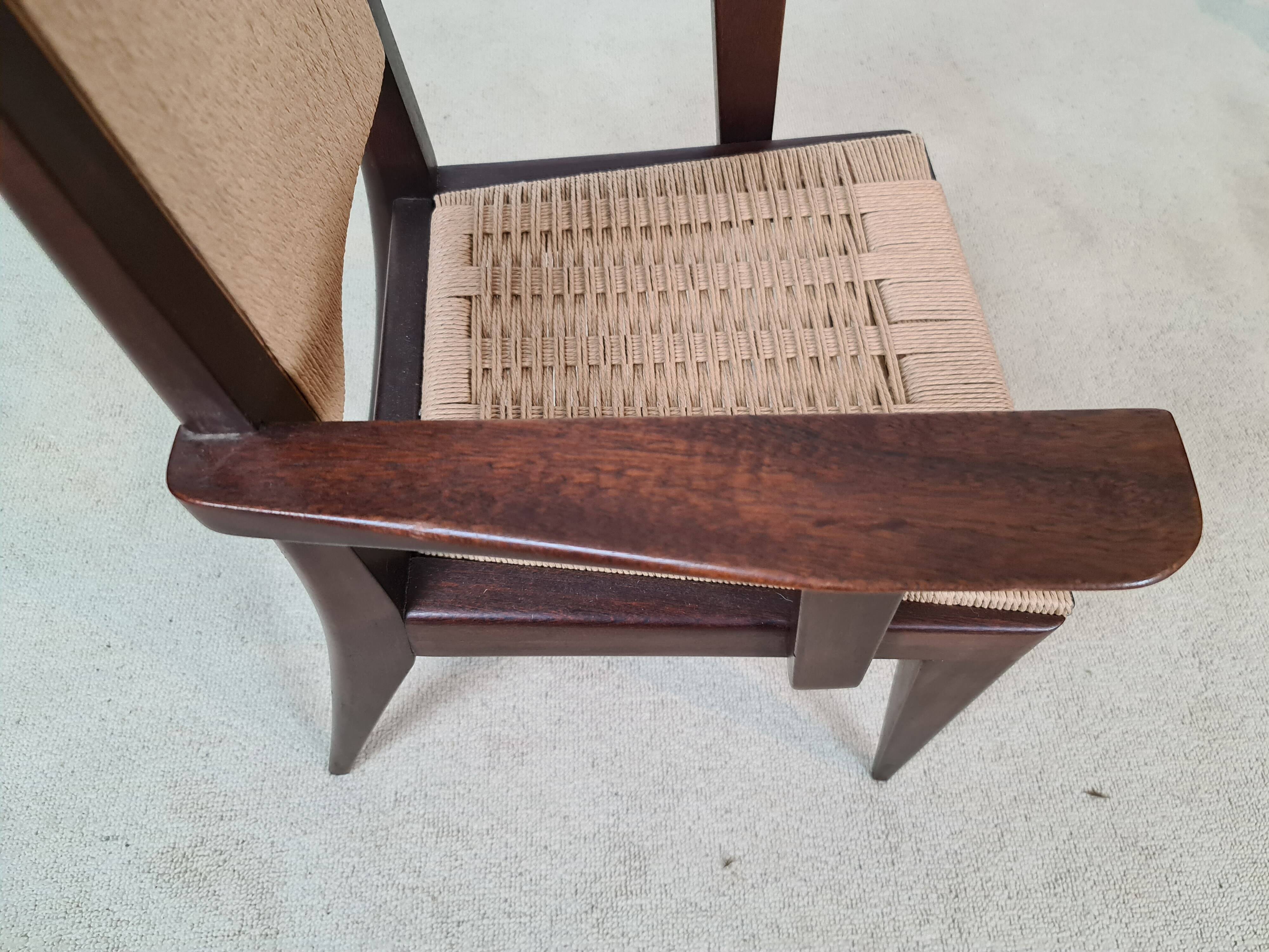 4 French mahogany and rope chairs 1950s