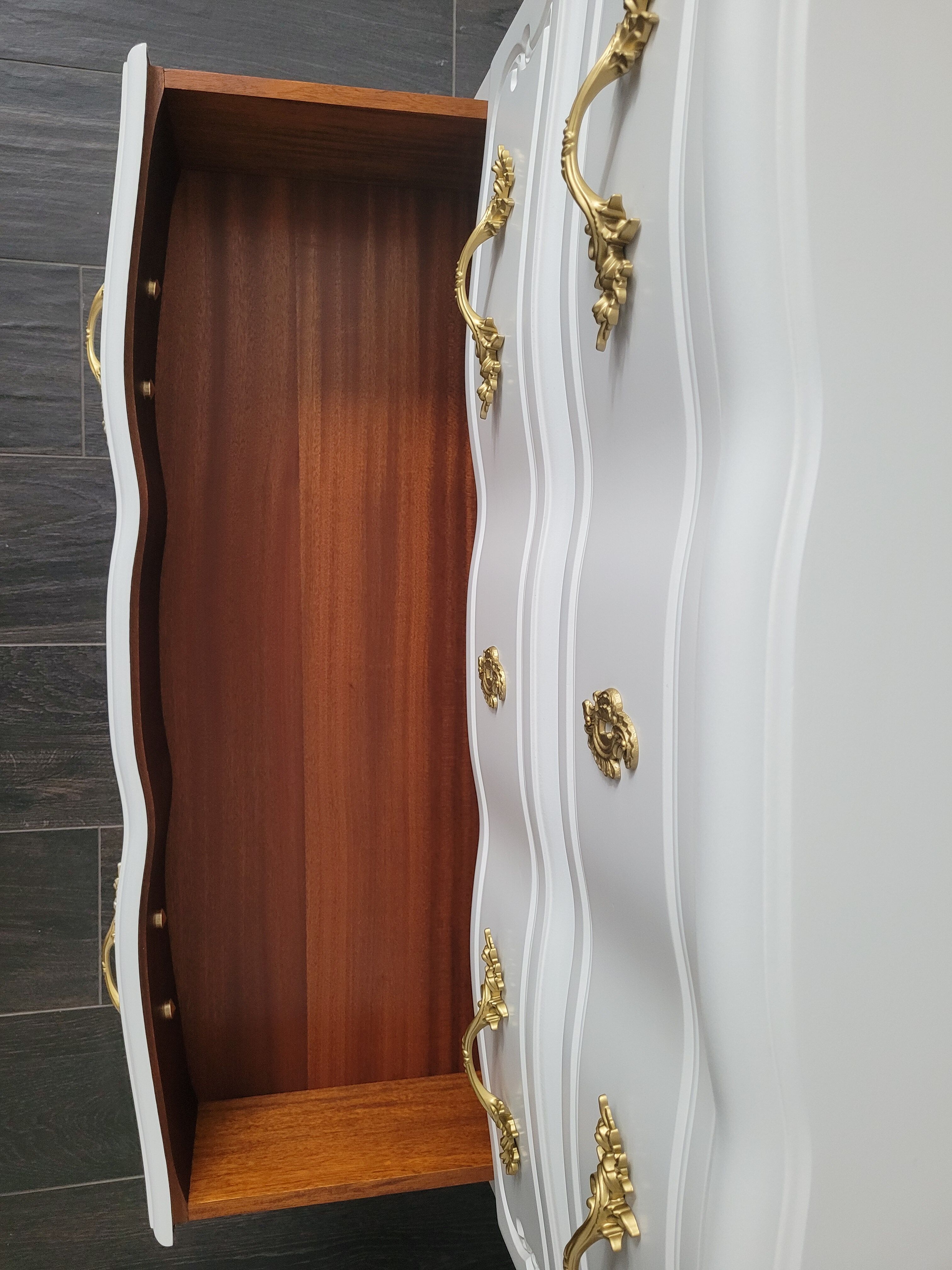 Louis XV style chest of drawers, white and gold