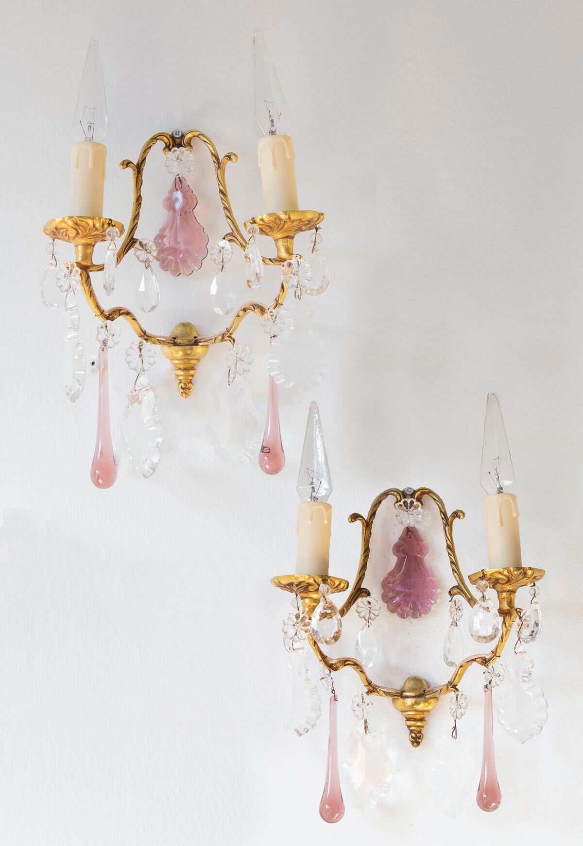 Pair vintage brass wall lamps and tassels