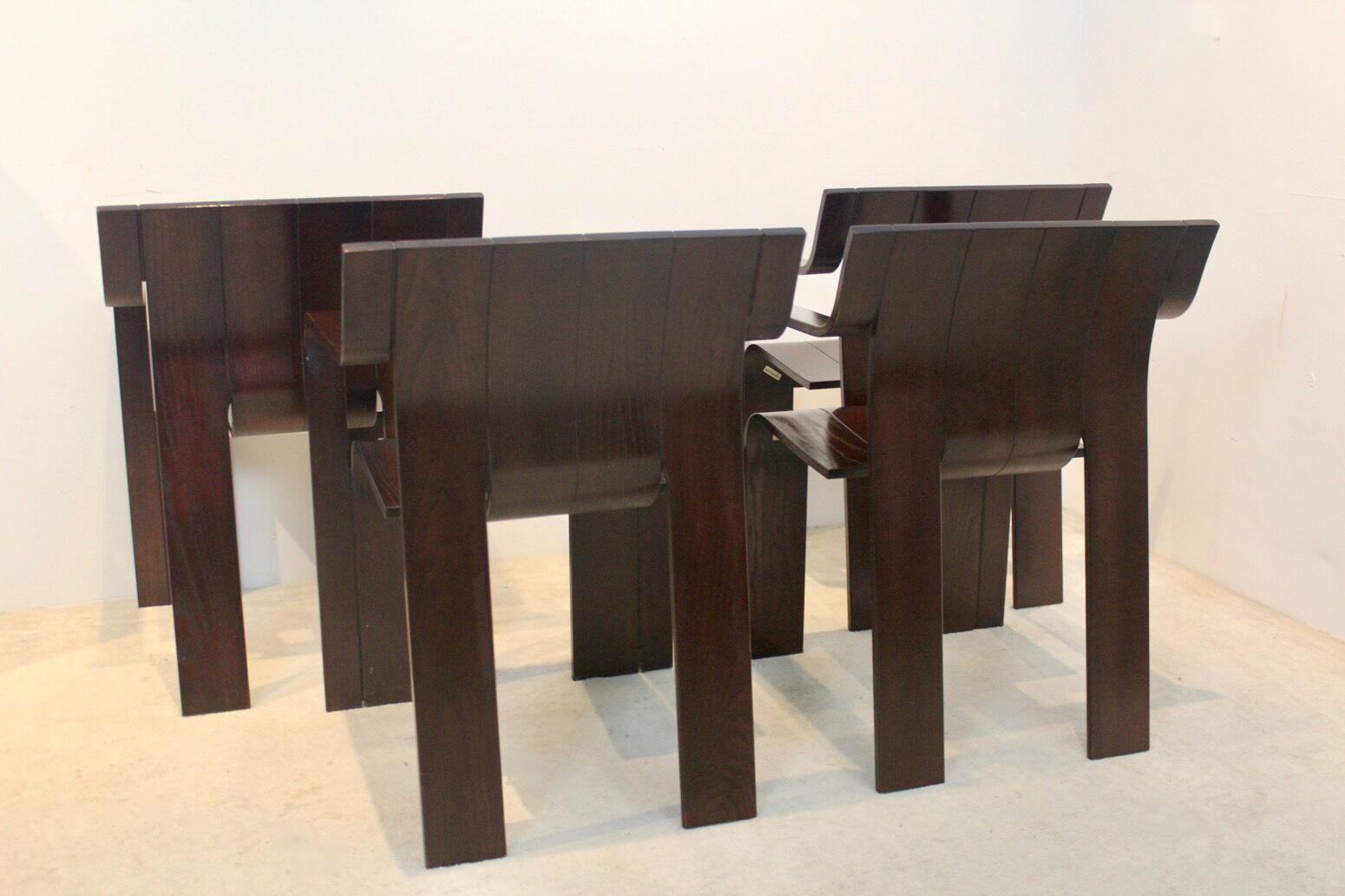 Set of four Strip dining chairs with dark brown ash armrests by Gijs Bakker for Castelijn