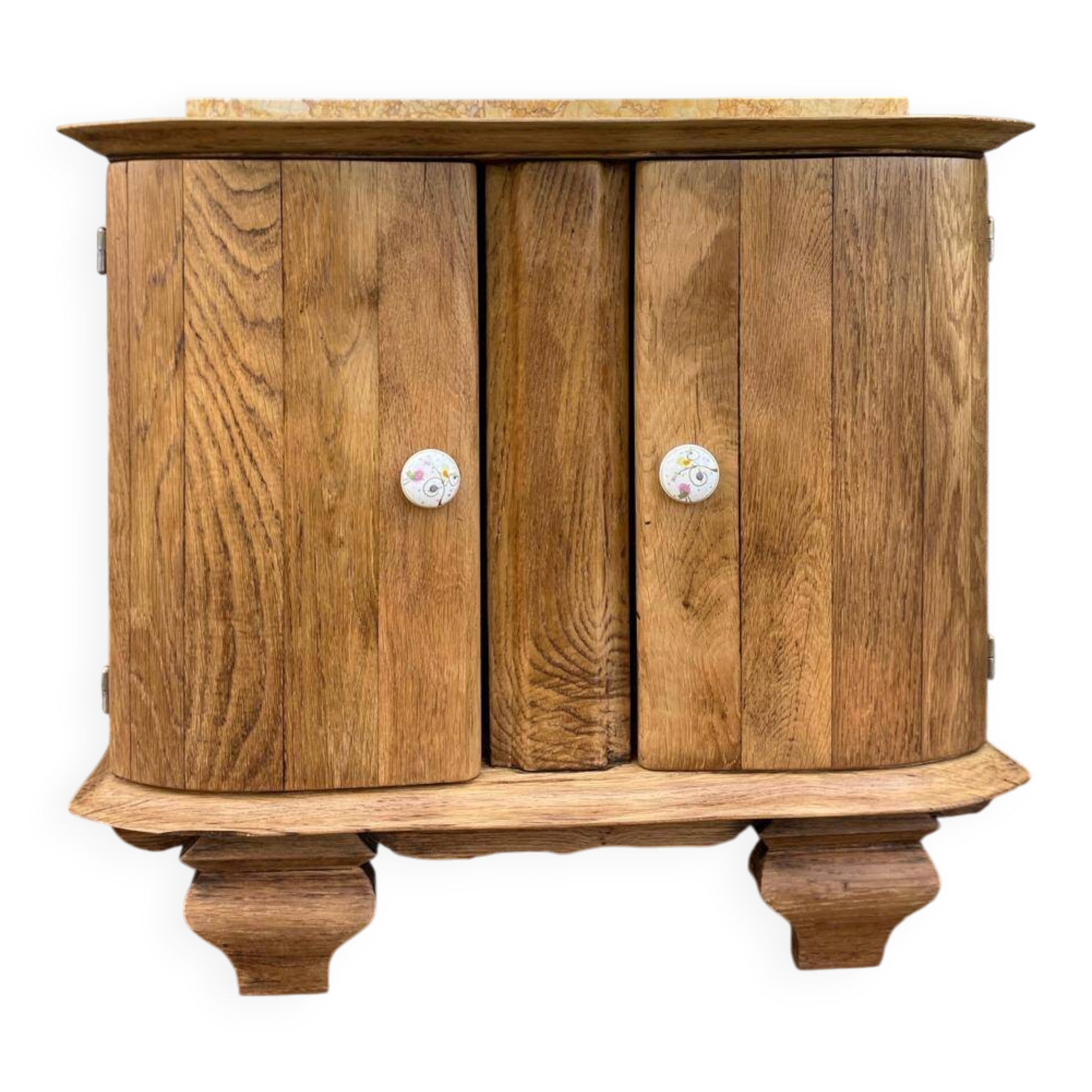 Small accent table / Art Deco bedside table in solid oak and beige marble