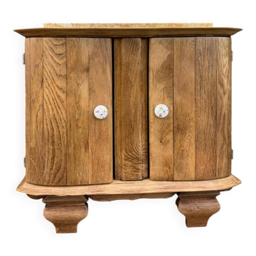 Petit meuble d’appoint / Chevet Art Déco en chêne massif et marbre beige