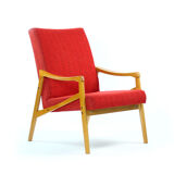 Ensemble de 2 fauteuils du milieu du siècle en hêtre clair & tissu rouge par Interier Praha, Tchécoslovaquie 1971