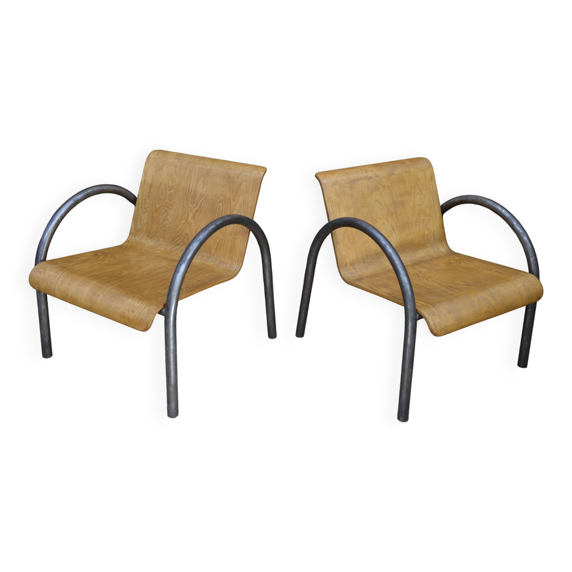 Pair of Vintage Design Armchairs in Metal and Wood, 1950s