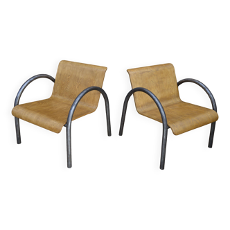 Pair of Vintage Design Armchairs in Metal and Wood, 1950s
