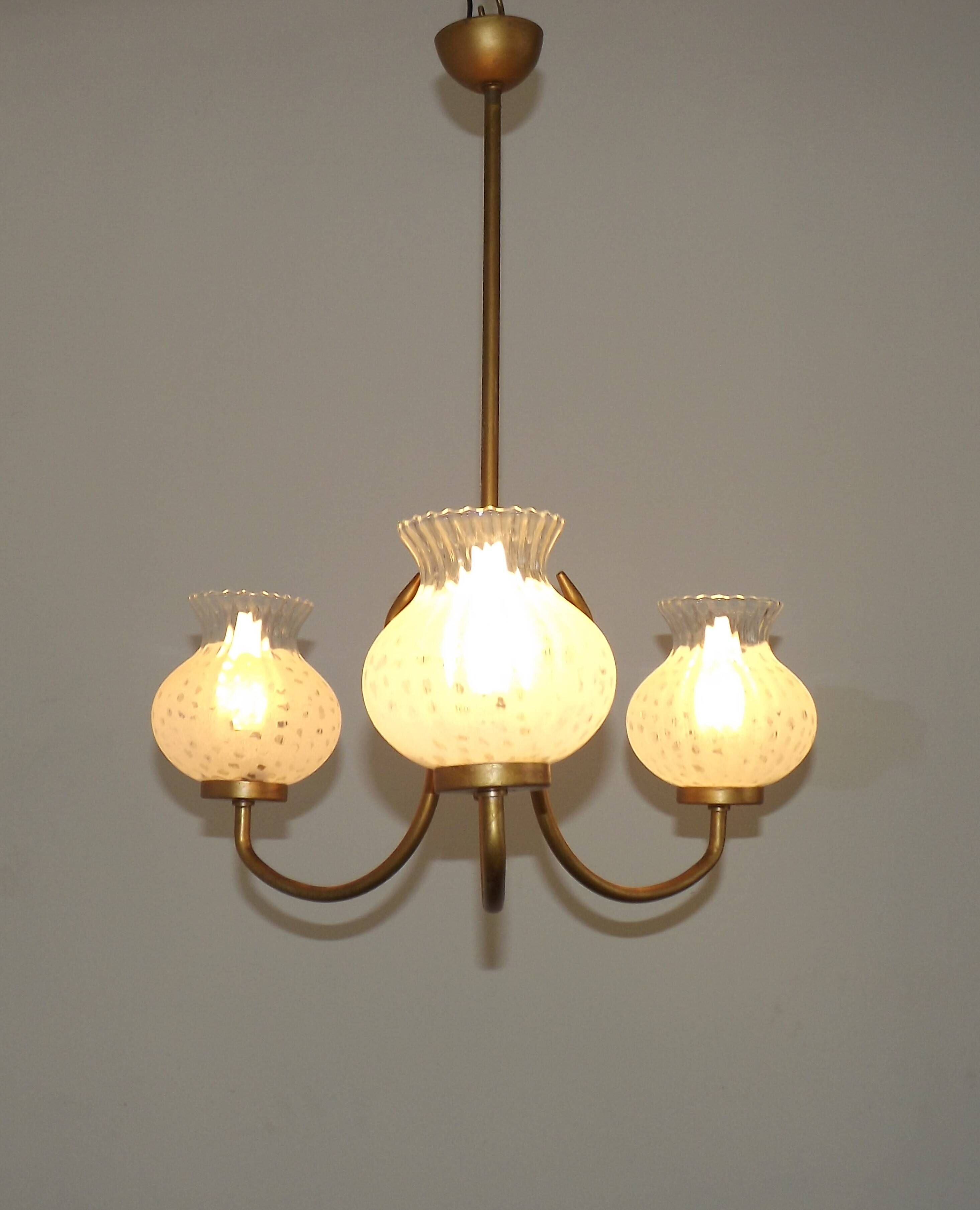 French Mid Century 3 Light Gold Metal Chandelier Textured Glass Shades