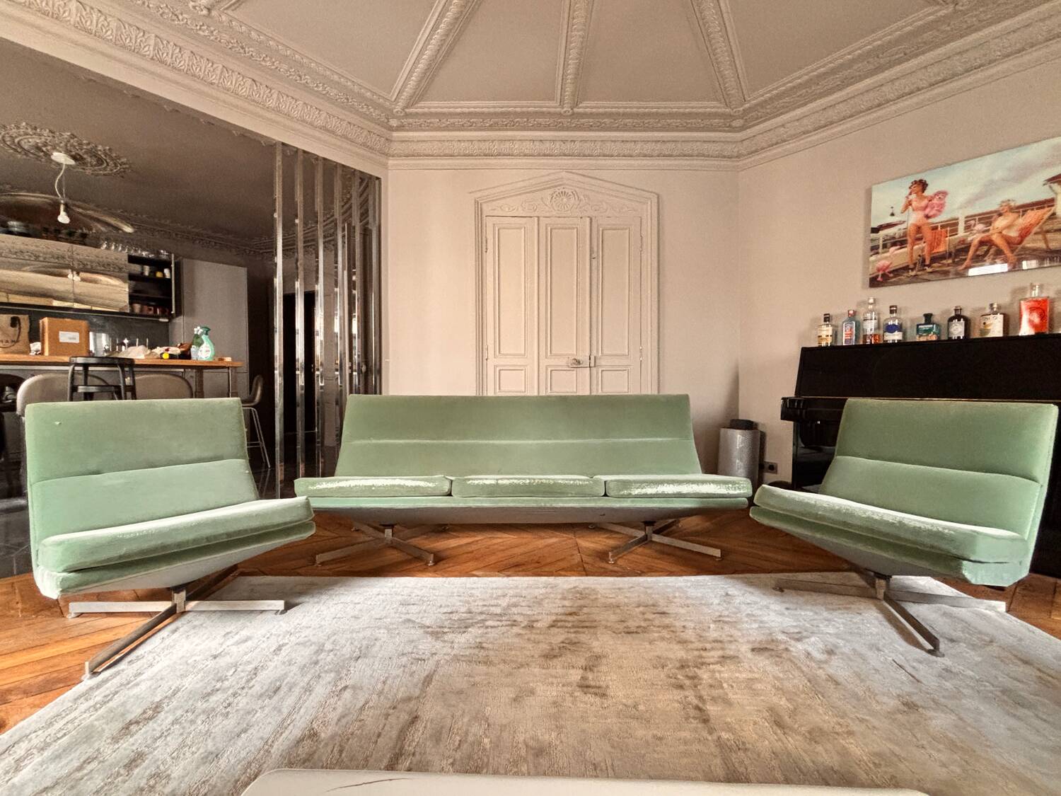 Vintage 1970s Living Room Set – Velvet Sofa & Swivel Armchairs