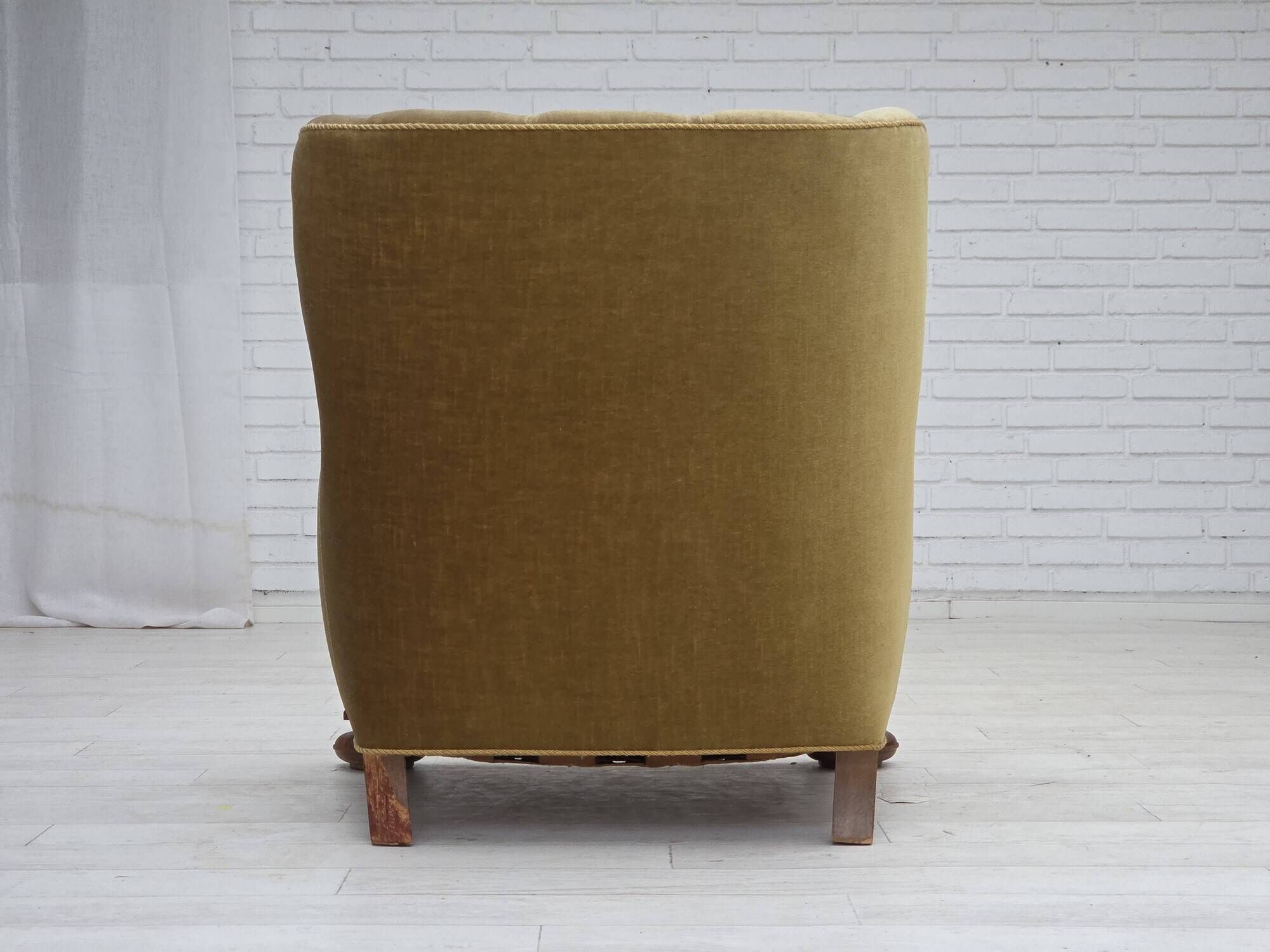 1960s, Danish armchair, green furniture velour, solid carved oak wood.
